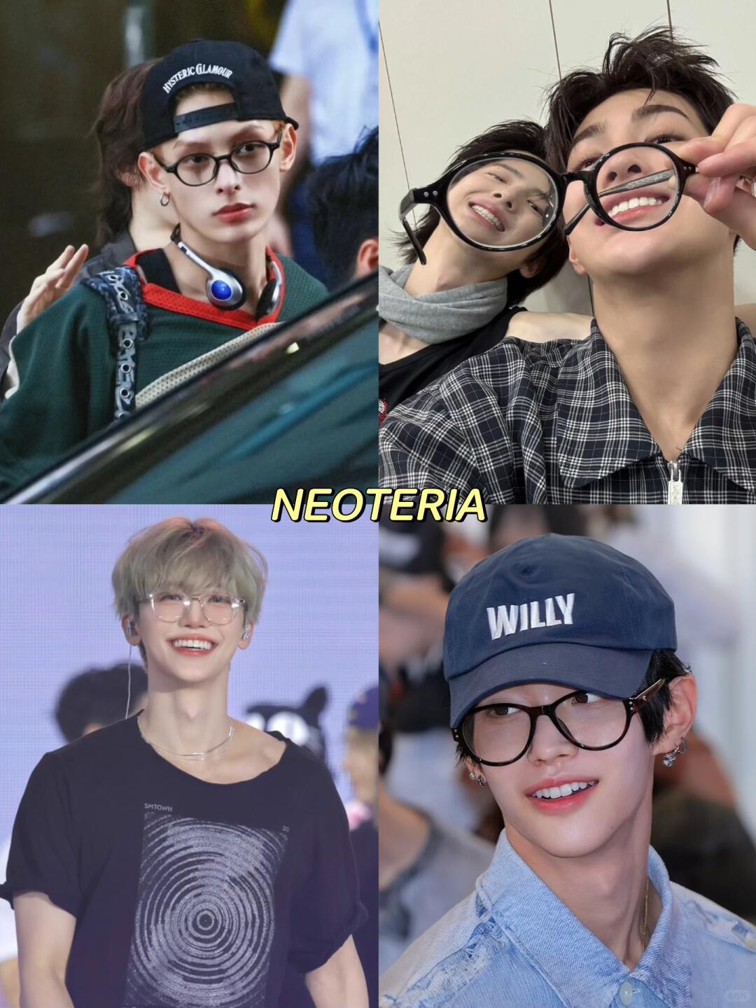 NEOTERIA optical frames shown across four portrait and street-style images.