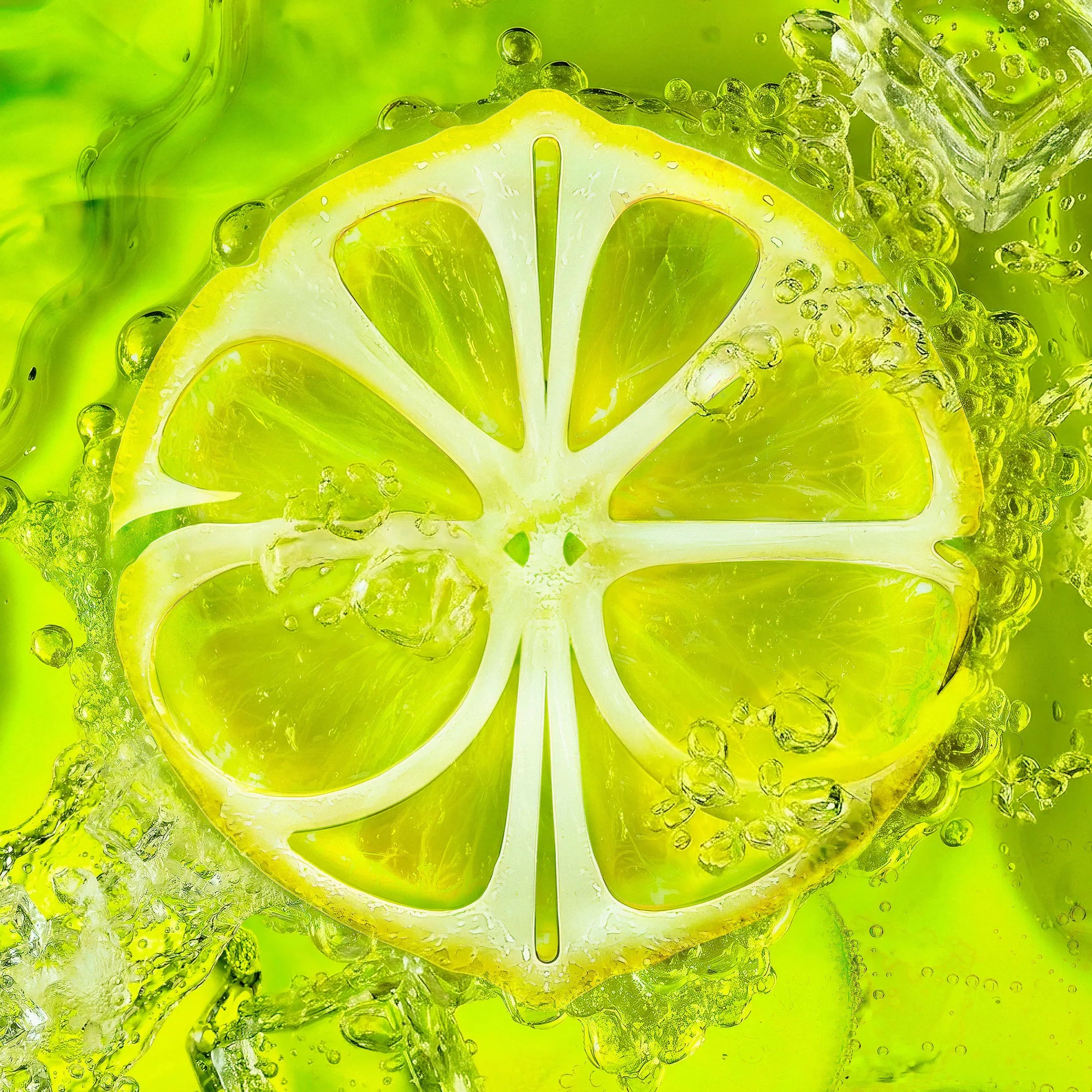Fluorescent lemon slice suspended in glossy bubbles and liquid.
