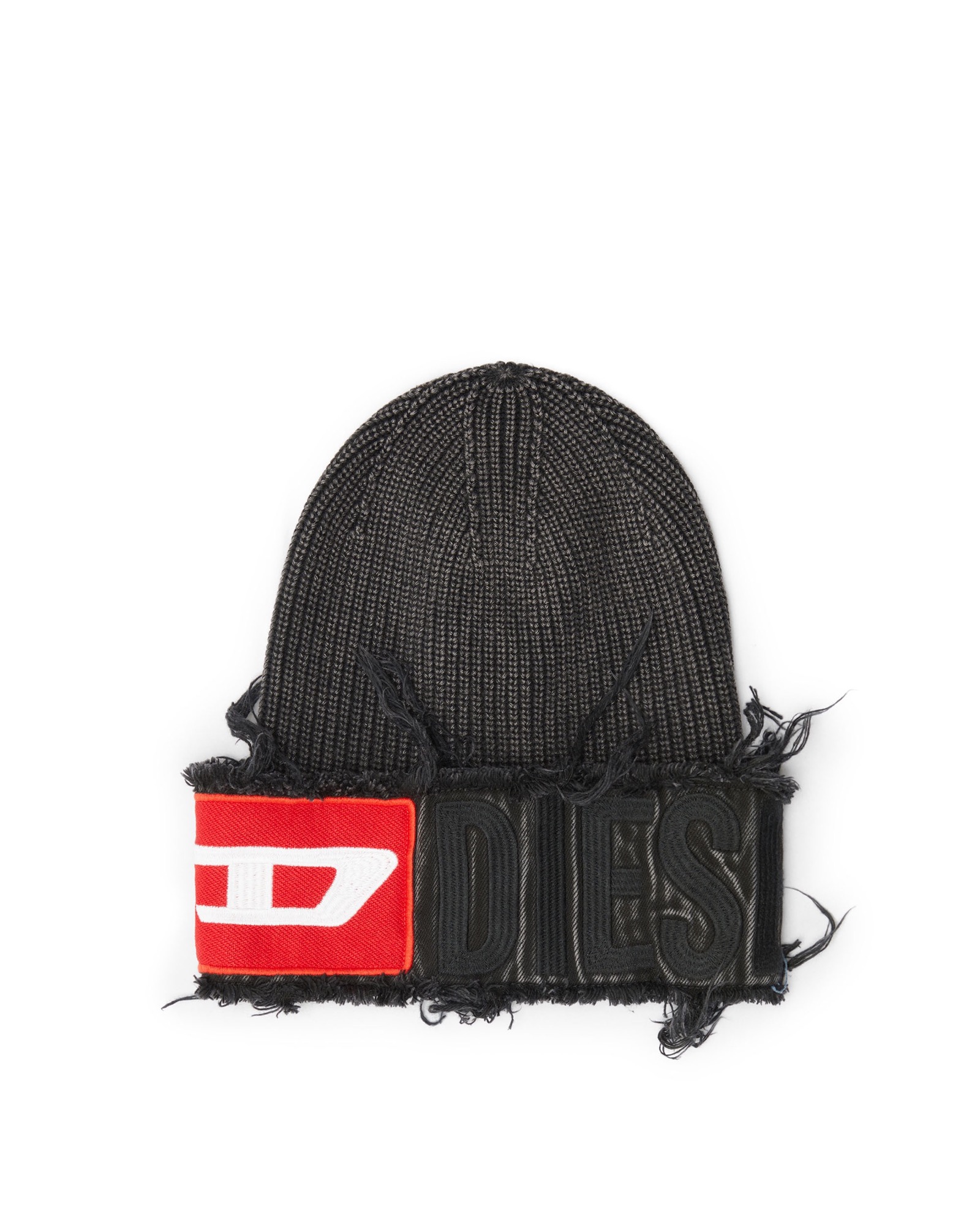Black Diesel beanie with a faded denim effect and frayed logo patches.