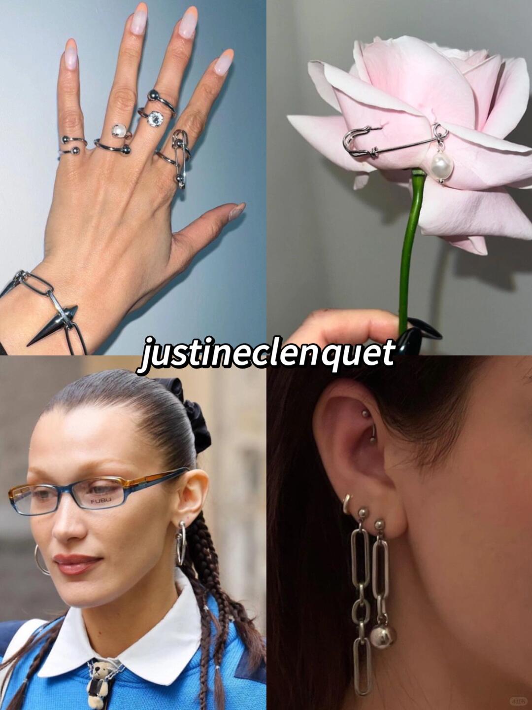 Justine Clenquet rings, ear chains and silver jewelry shown in a four-image collage.