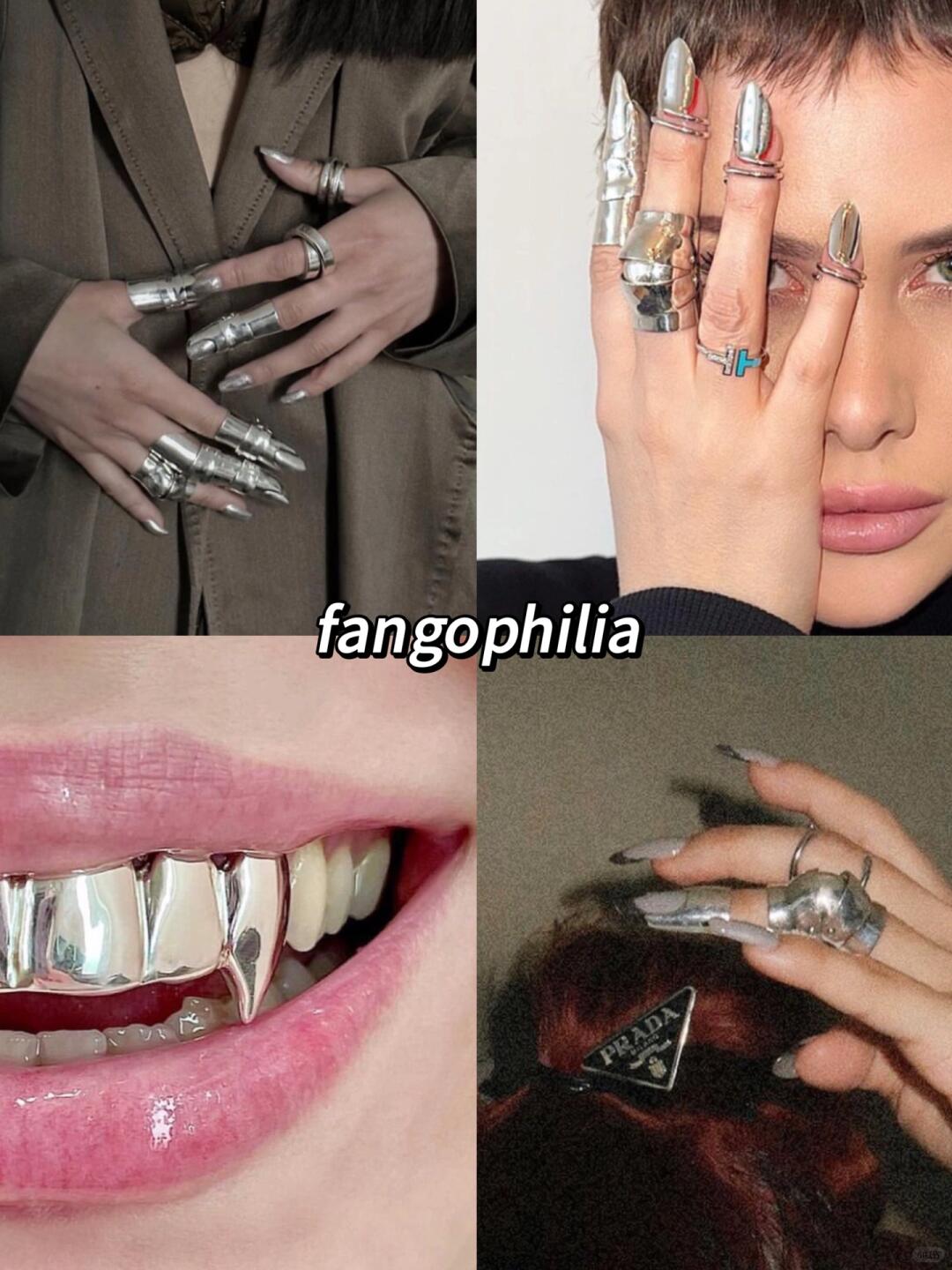 FANGOPHILIA silver finger armor, rings and molded dental jewelry in a four-image collage.